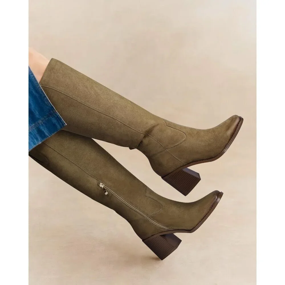 Women Dusty Green Polyurethane Knee High Square Toe Side Zipper Block Heel Boot